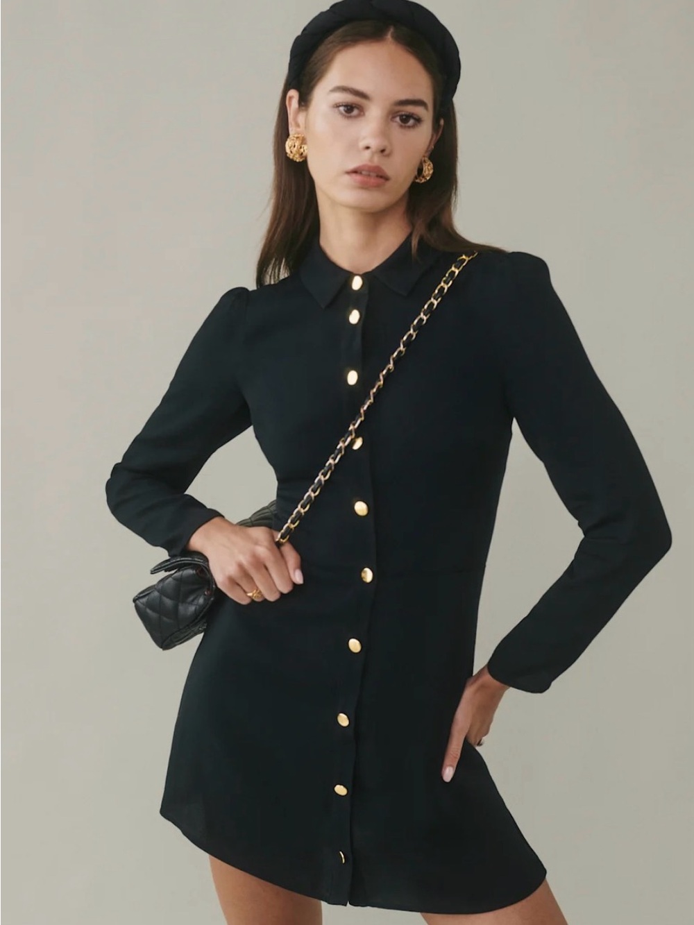 Hugh Black Button-Front Long Sleeve Mini Dress